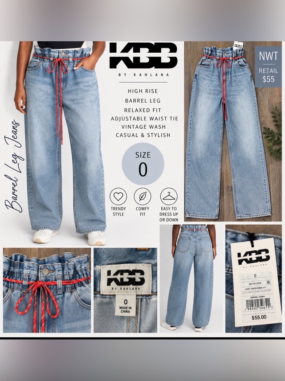 KBB by Kahlana Light Wash Barrel Leg Jeans Size 0 NWT